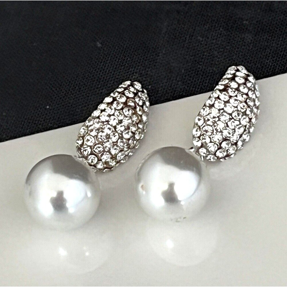 New Crystal Earrings Silver Tone Simulated Pearls Dangle Bridal Jewelry - 4B